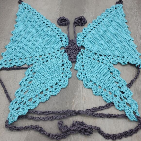 Handmade Crochet Butterfly Crop Top ‎ – Green & dark gray – Festival Fit - Picture 6 of 6